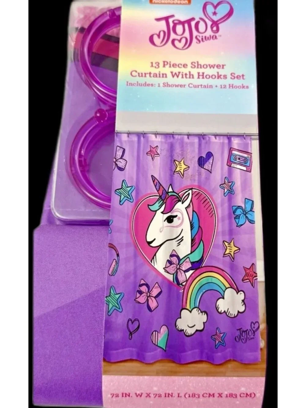 NWT Nickelodeon JoJo Siwa Unicorn Rainbow Fabric Shower Curtain Set 13 Pc